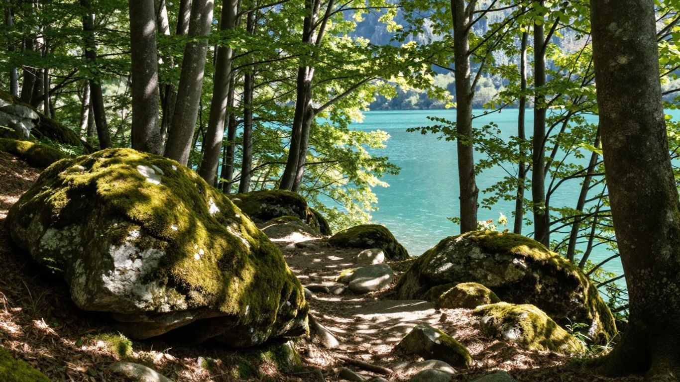 Forest trail and limestone overlook above Lake Annecy