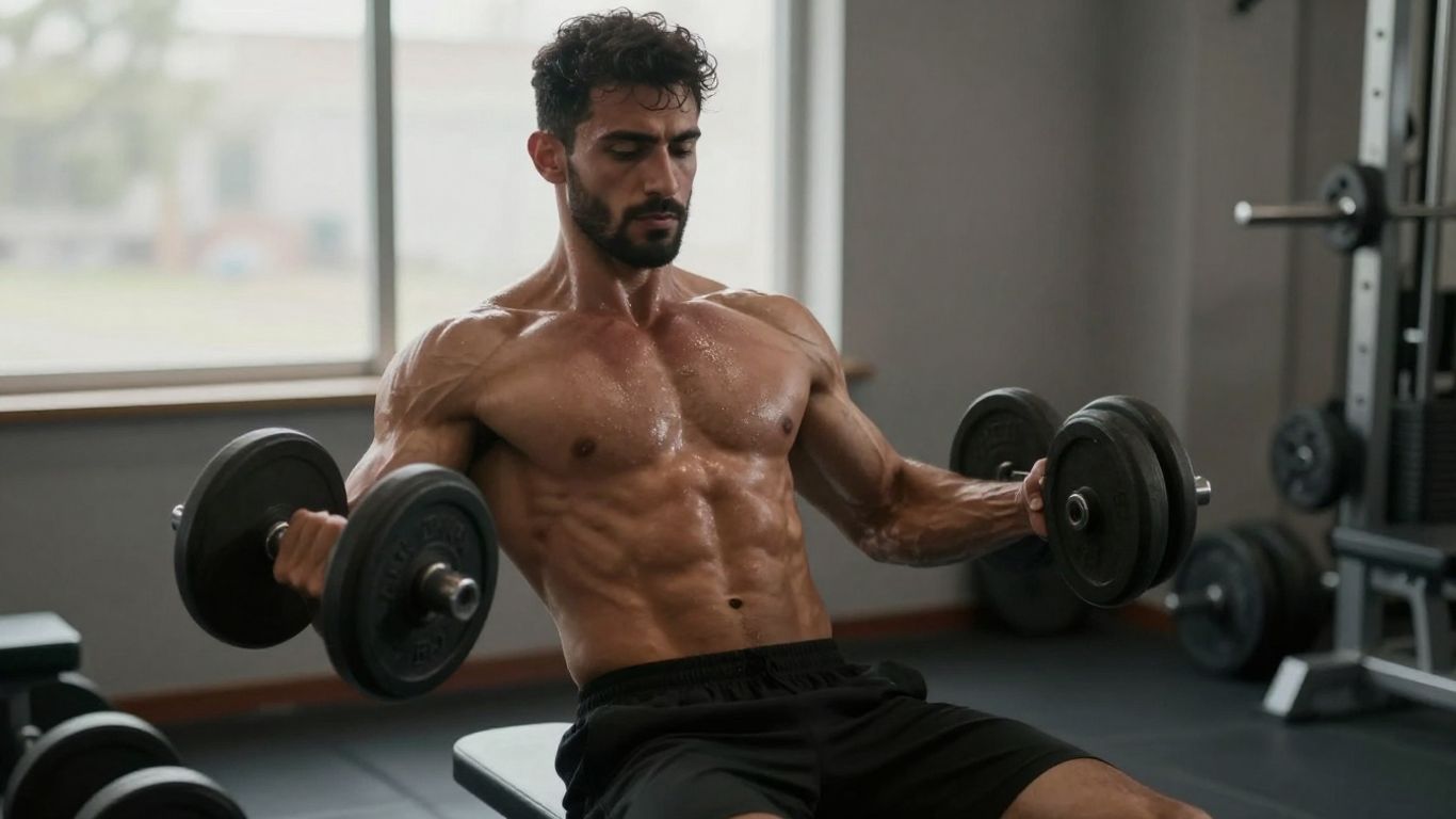 Man lifting weights during a muscle building workout.