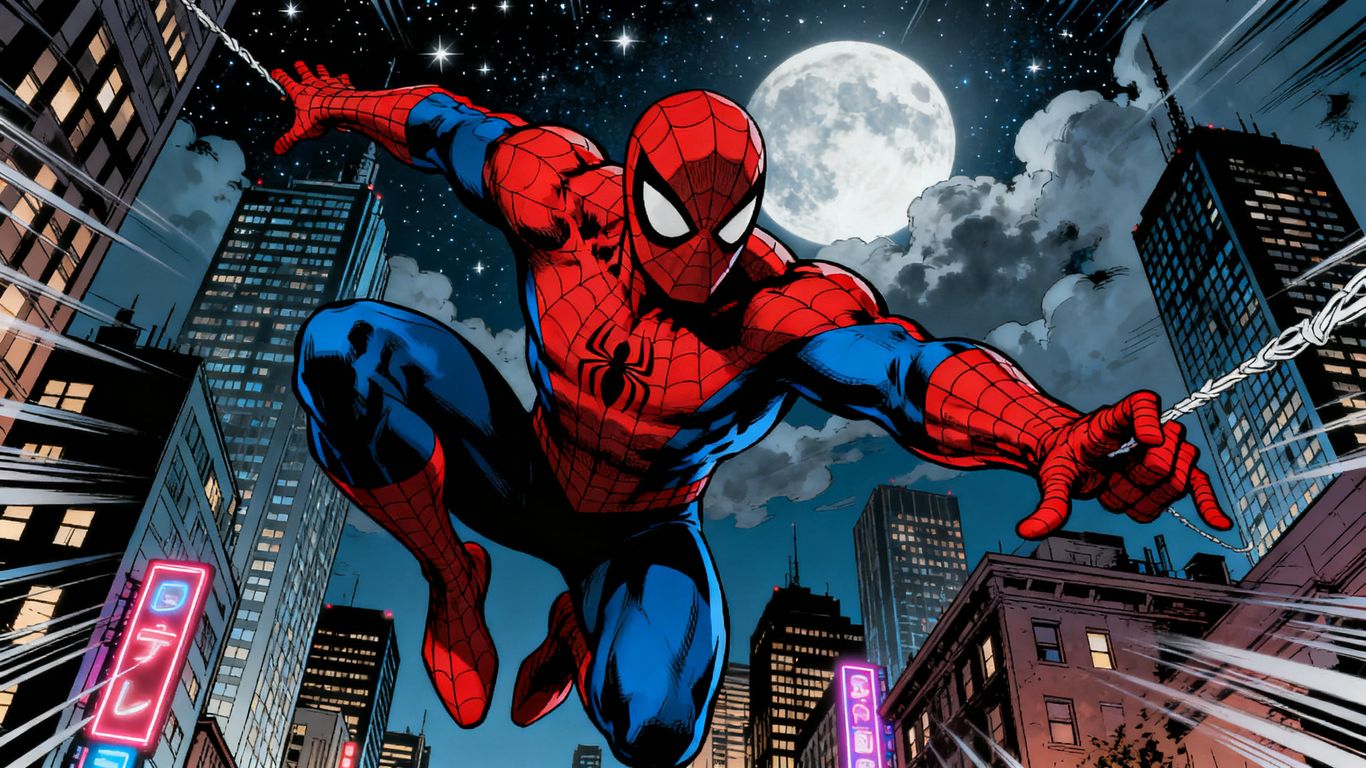 Spider-Man leaping through a night cityscape.