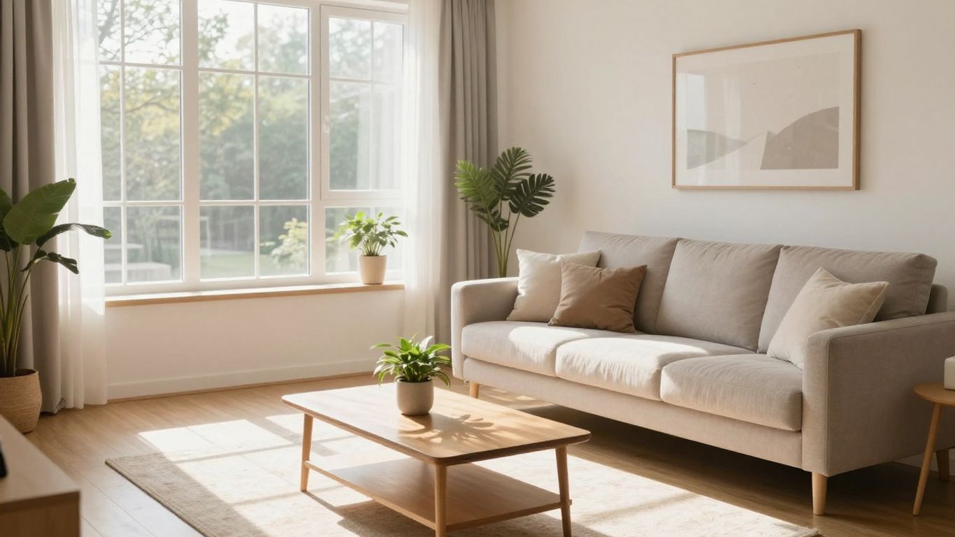 Sala de estar luminosa y acogedora con luz solar.