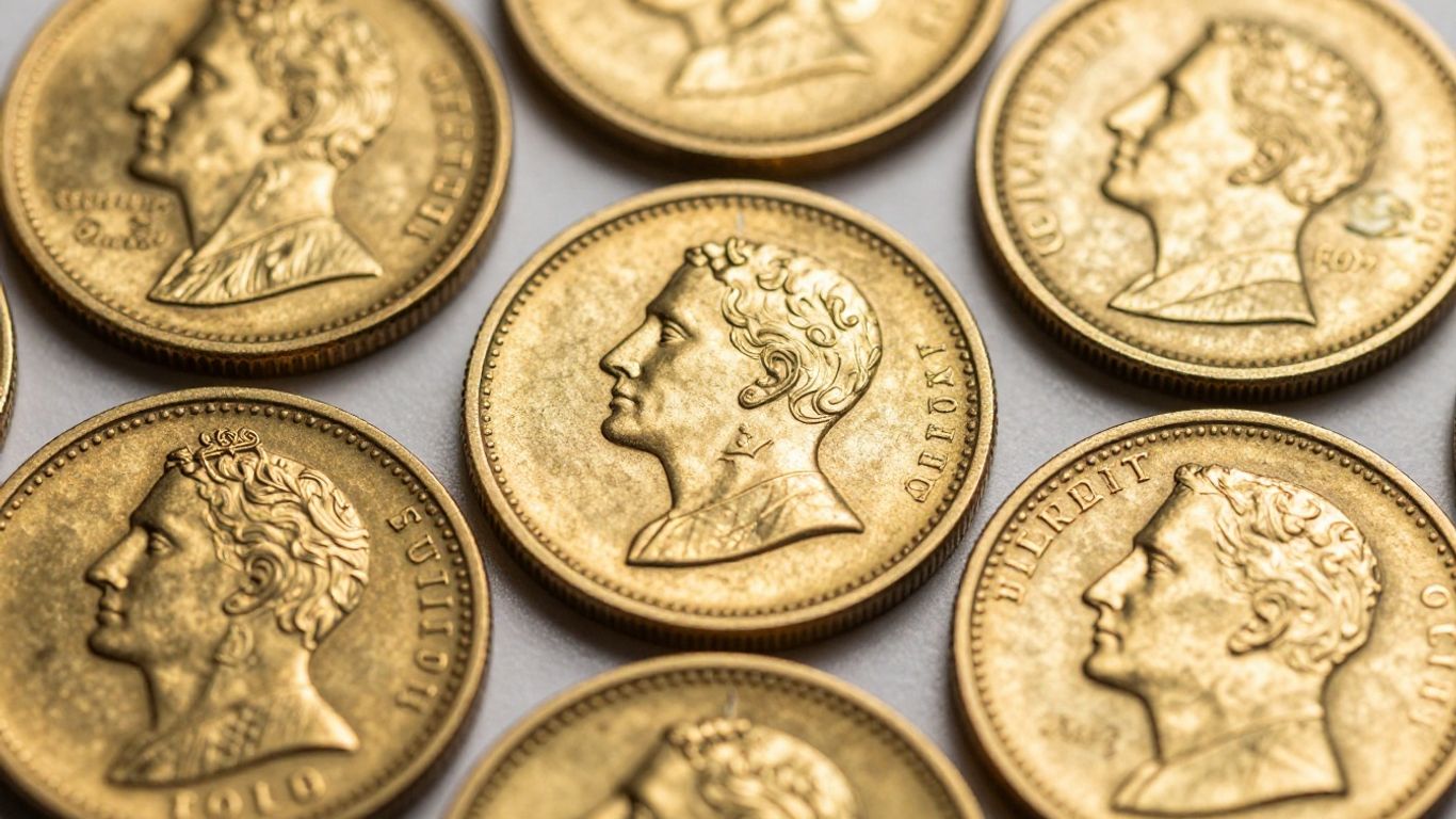 Pièces d'or de collection, gros plan, reflets métalliques.