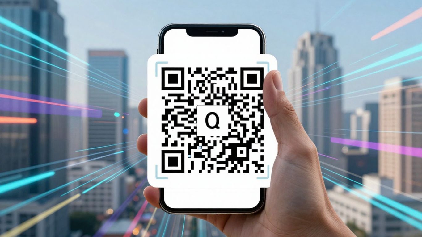 Smartphone scanning a QR code with digital patterns.