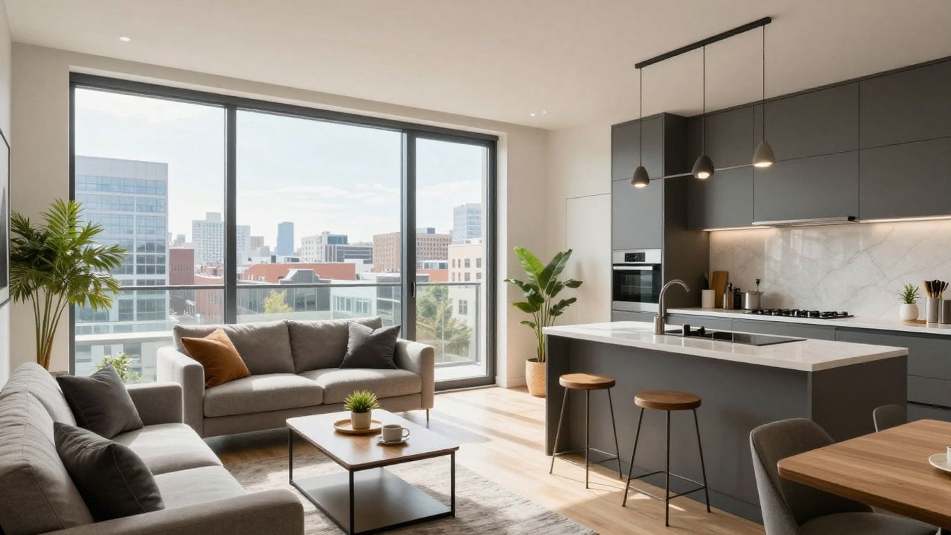 Modern apartment living room with city view