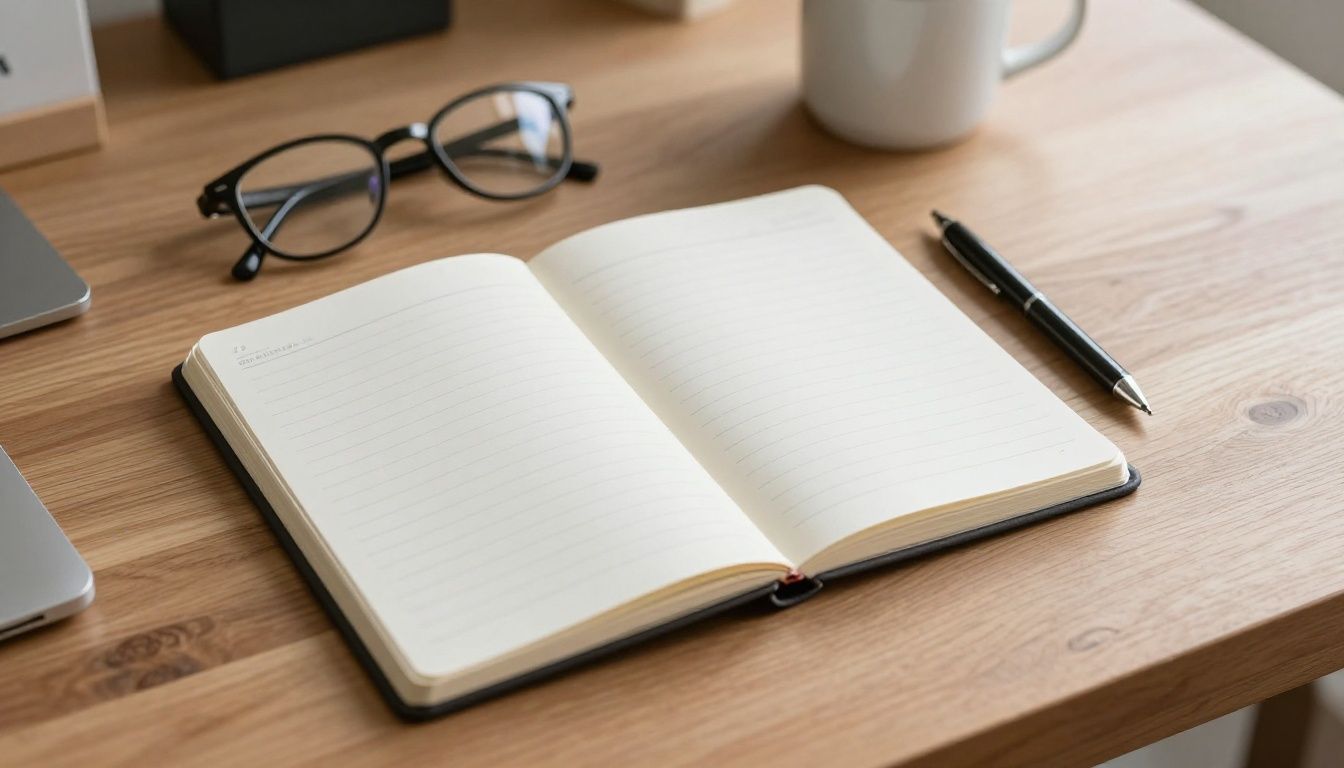 A clean, minimalist workspace with a notebook open on a wooden desk, representing clarity, goal planning, and intentional living, captured in soft, natural morning light.