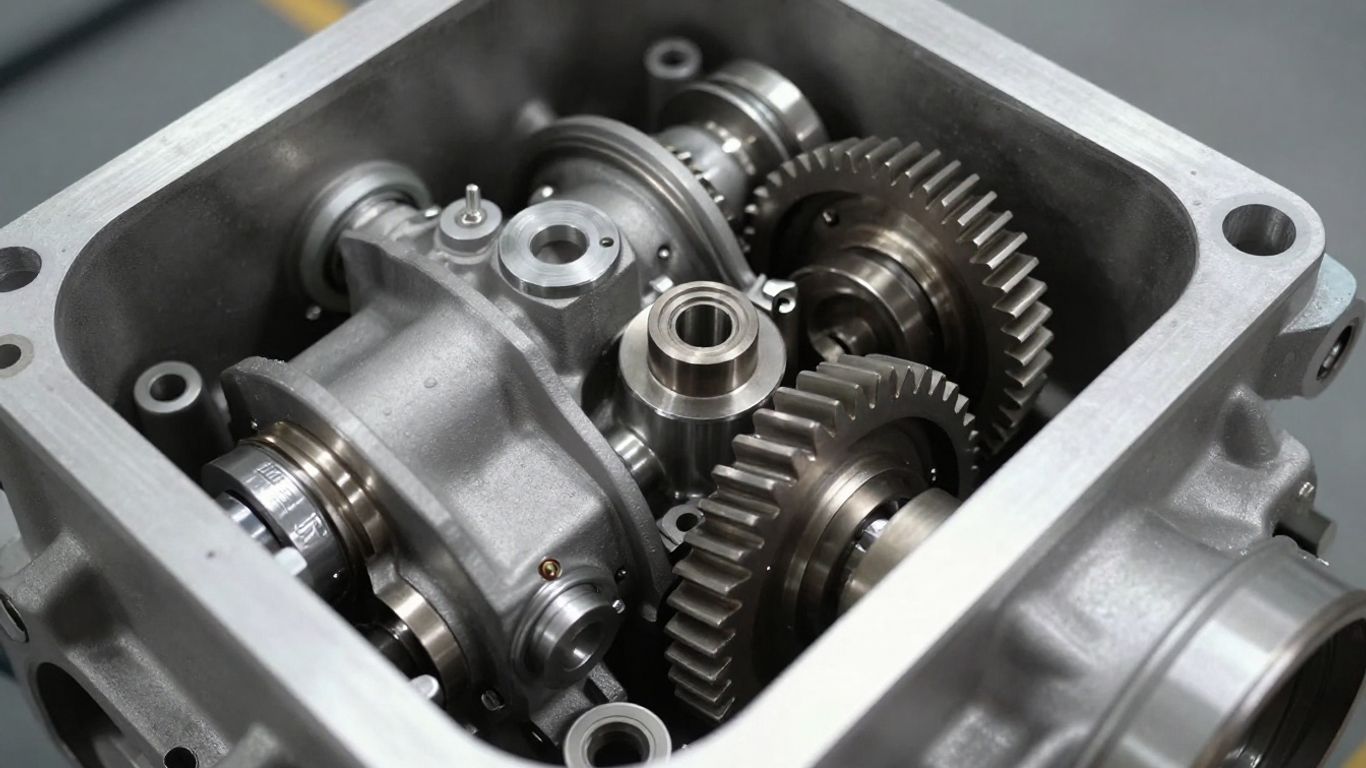 Automotive gearbox with visible gears and casing.