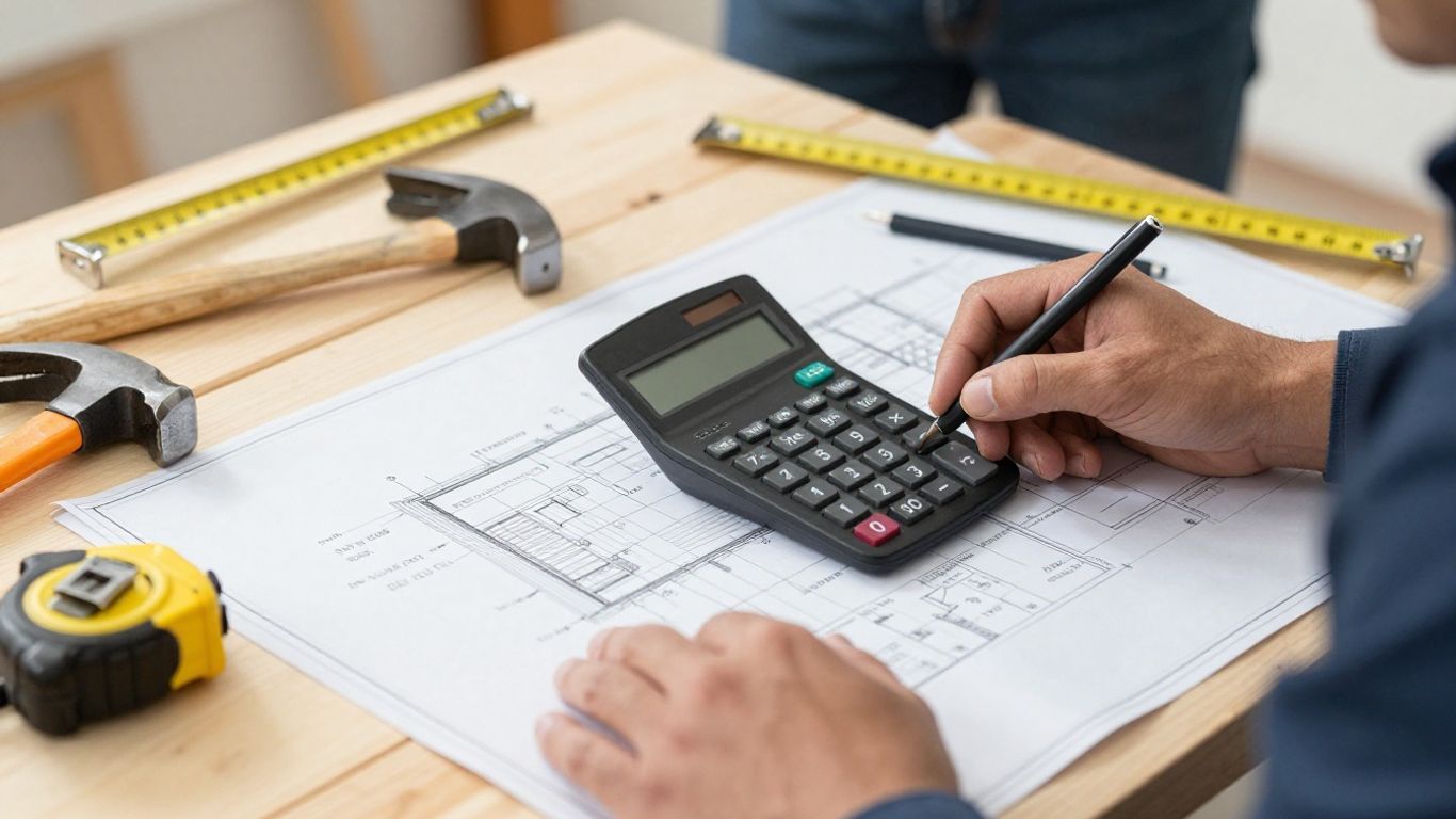 Contractor calculating roofing costs with blueprints and tools.