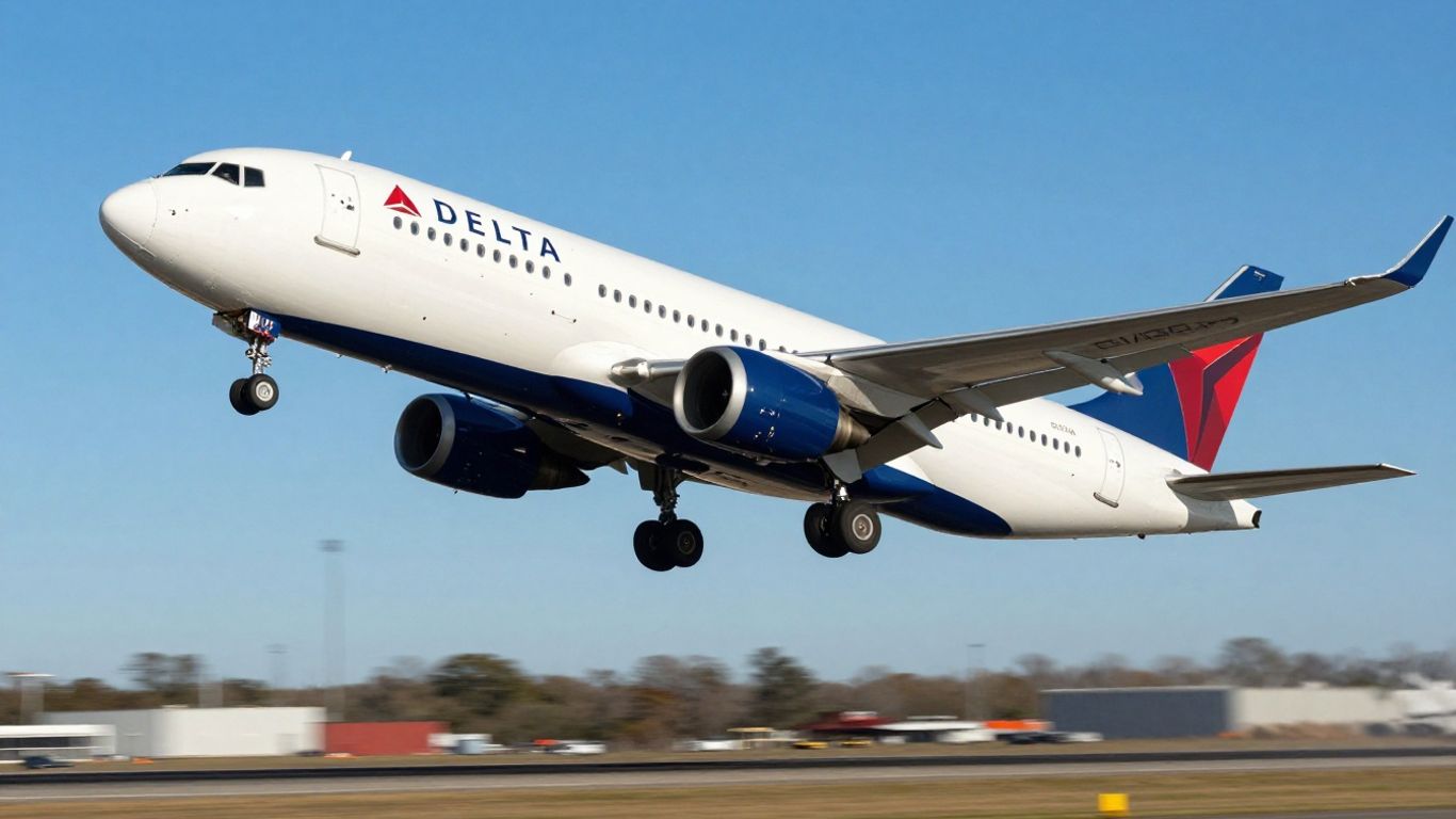 Delta airplane flying high in the sky.