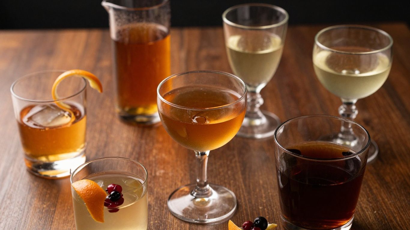 Verschiedene Digestifs in Gläsern auf einem Holztisch.