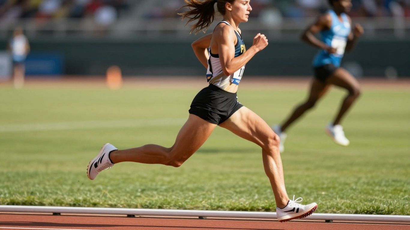 Runner in motion on a track during an 800m race.