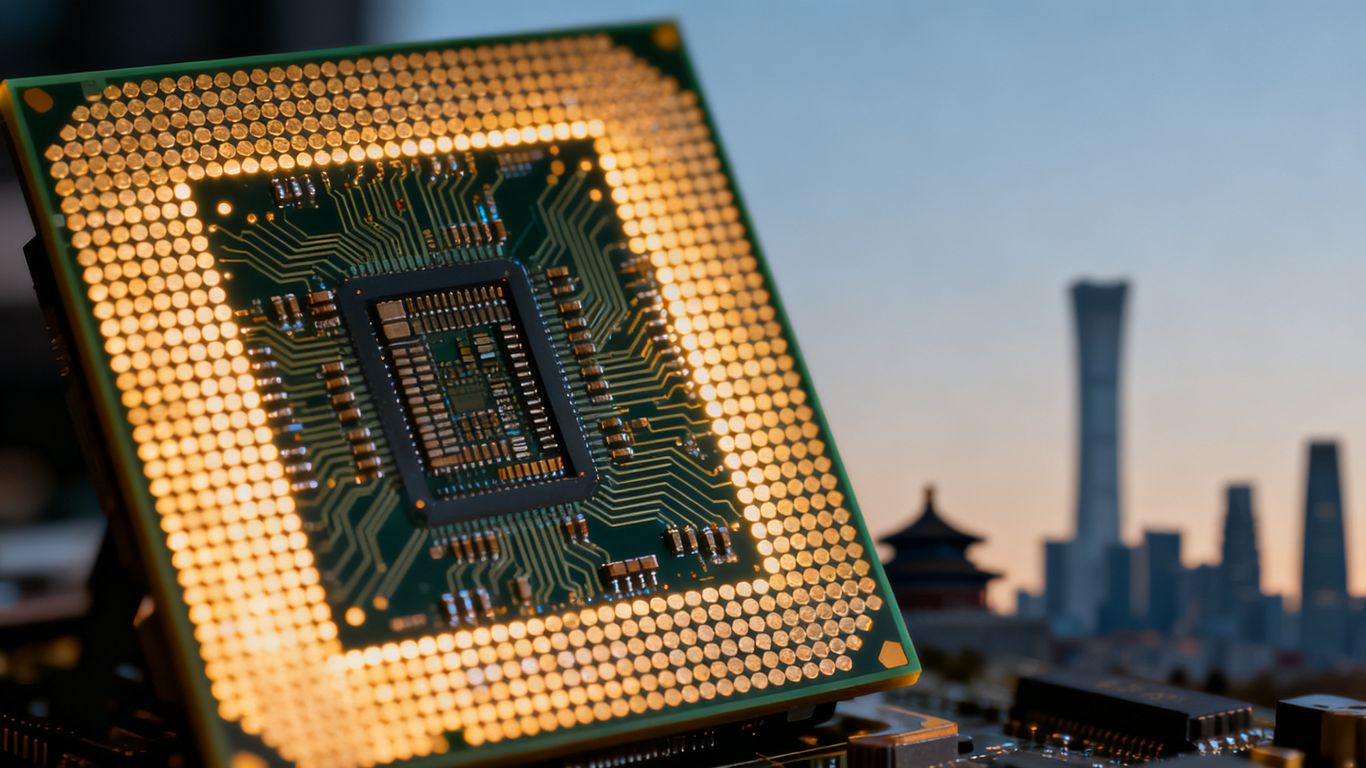 Microchip with Beijing skyline in background.