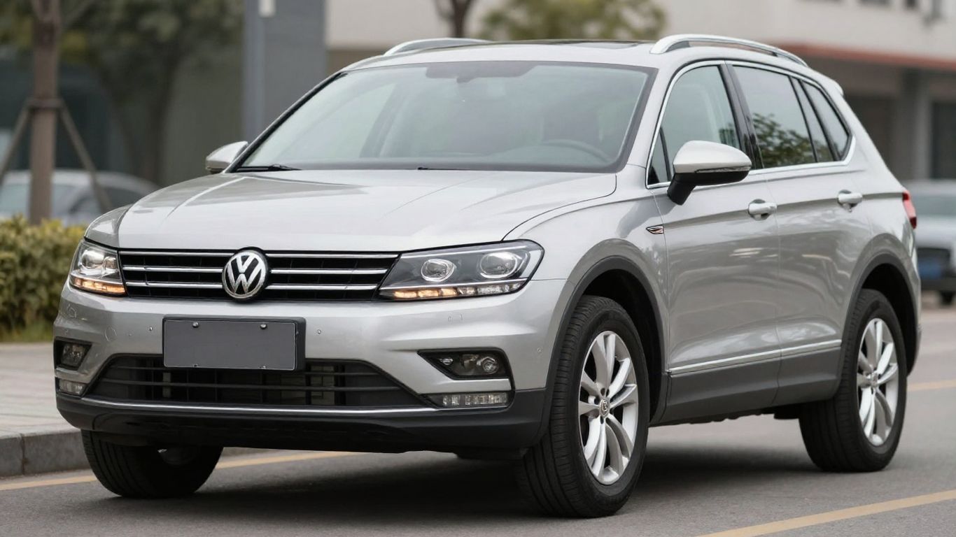Gebrauchter VW Tiguan mit eingeschalteten Scheinwerfern.