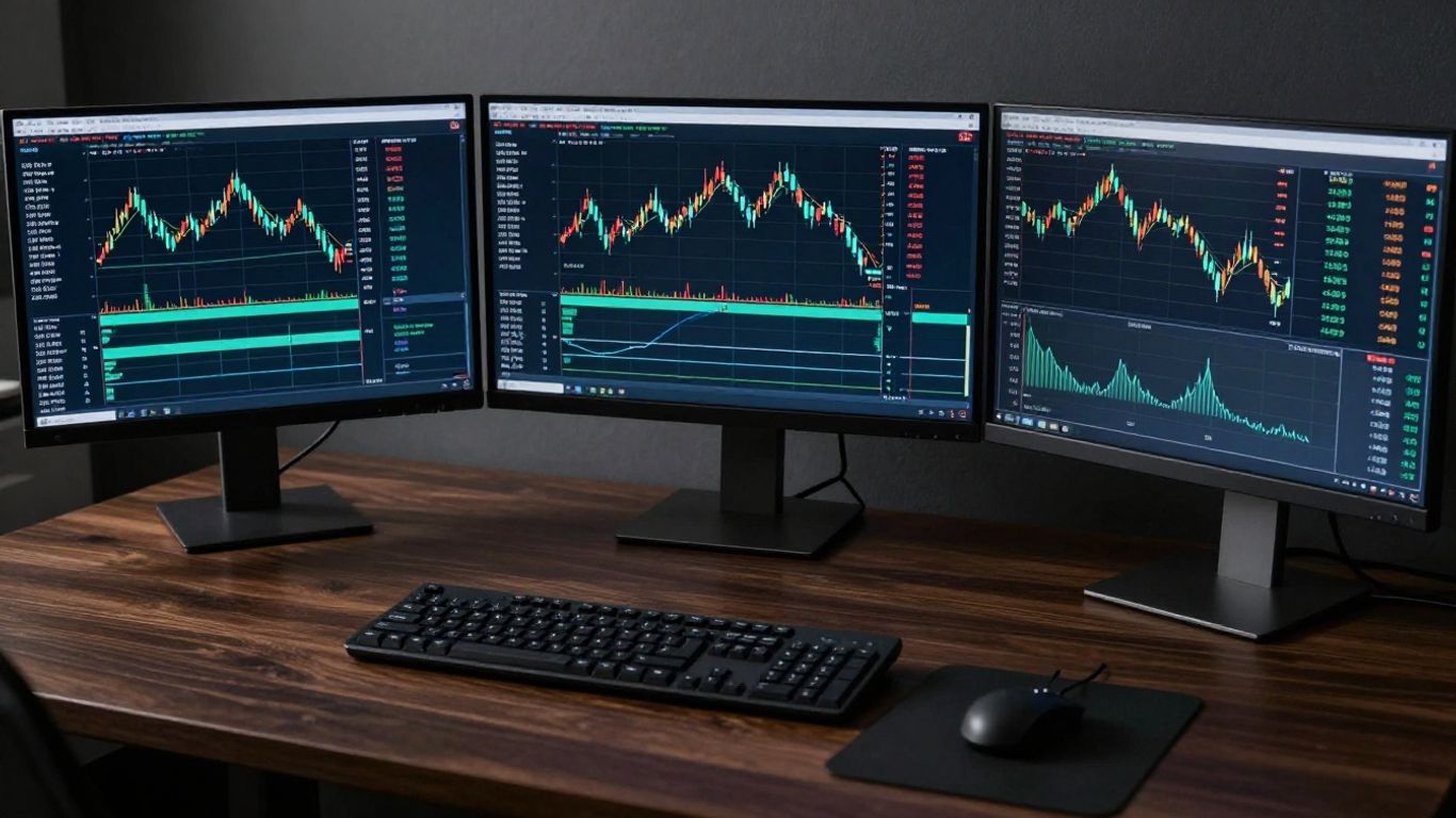 Professional trading desk with multiple monitors