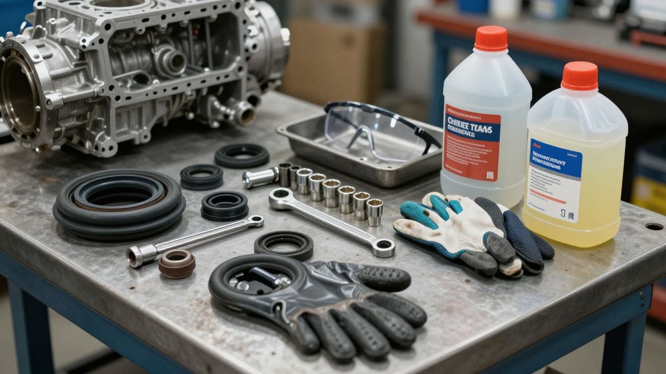 Gearbox seal replacement tools beside a clean workbench