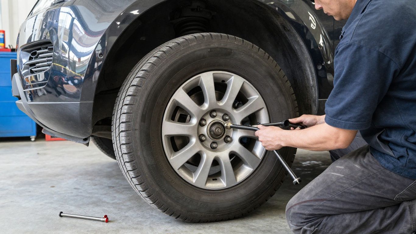 Mechanic inspecting suspension beside a Land Rover wheel