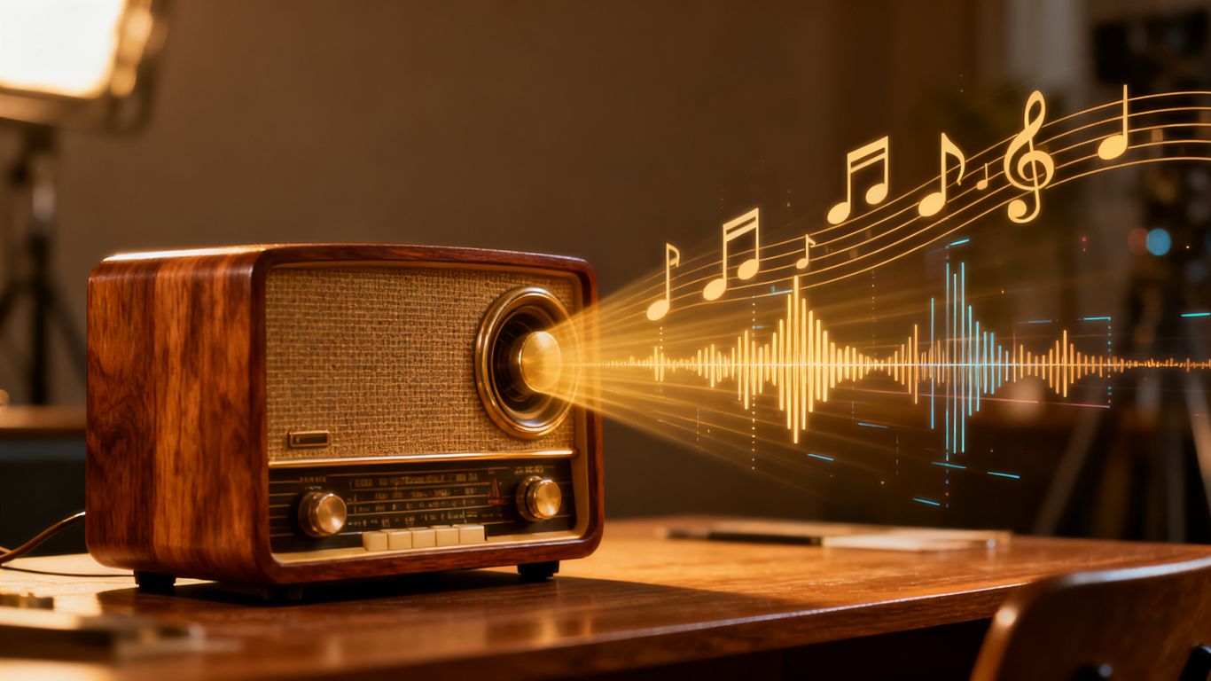 Radio receiver with musical notes and digital waveforms.