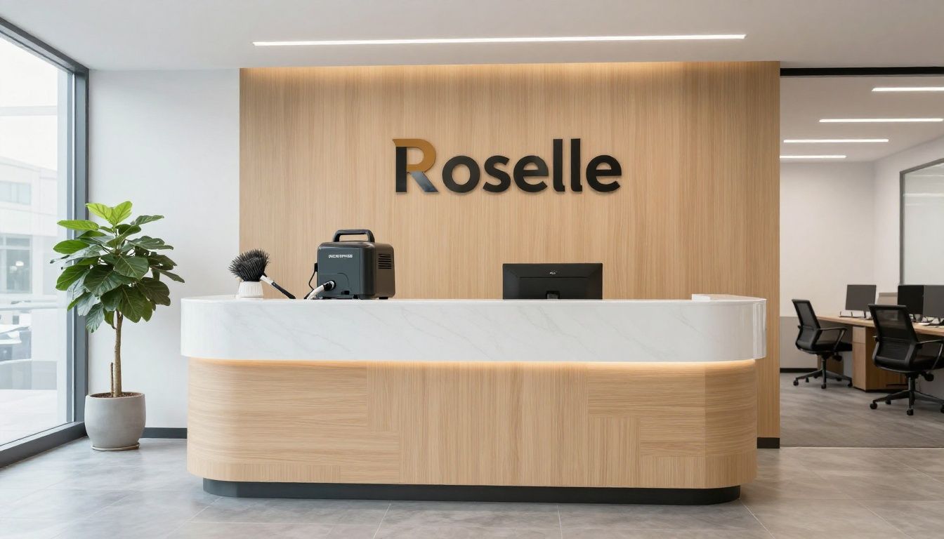 Cleaner using professional equipment to detail a Roselle office reception area and high-traffic floor