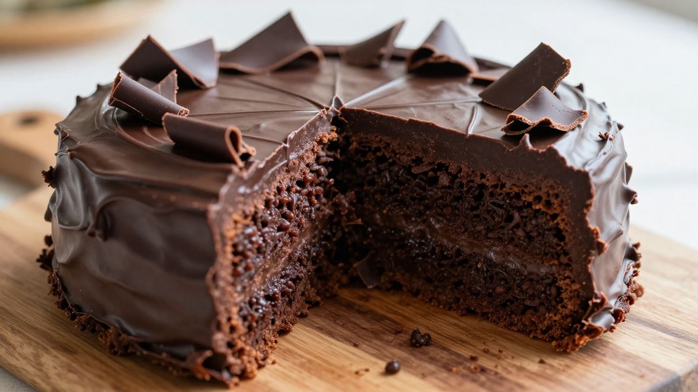 Decadent chocolate fudge cake slice with chocolate shavings.