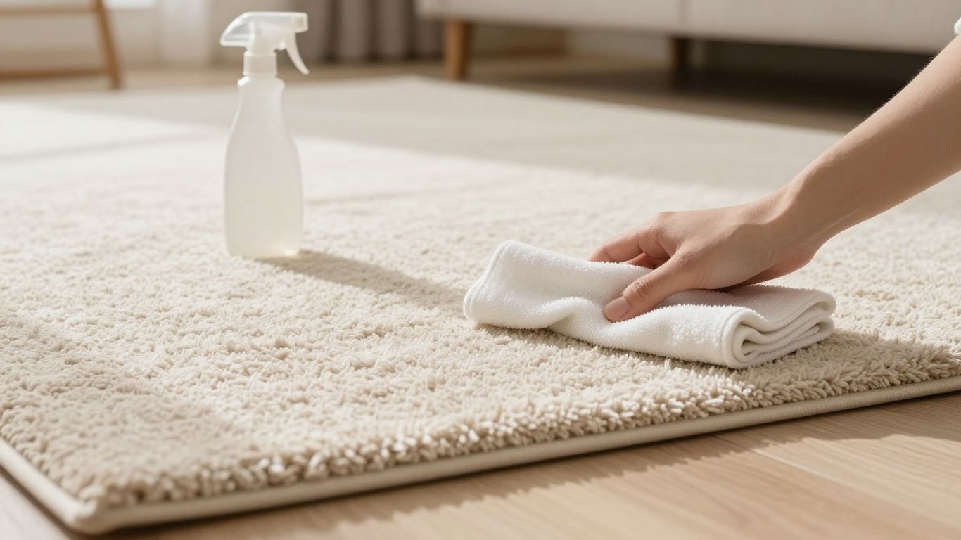 Caring for a carpet with protective pads and cleaning supplies.