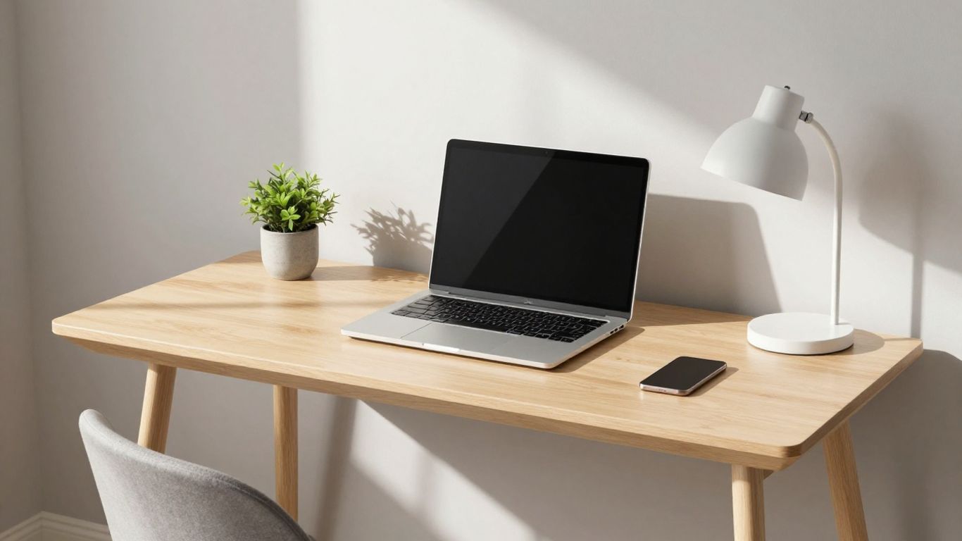 Small bedroom desk with organized accessories and natural light.