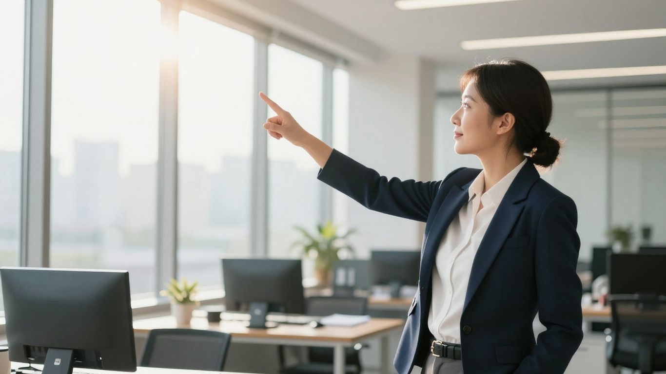Business professional pointing towards success and growth.