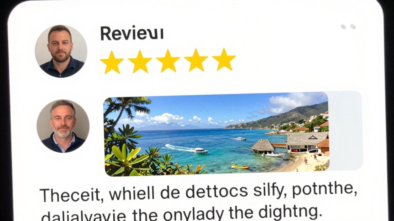 TripAdvisor review card with 5 stars.