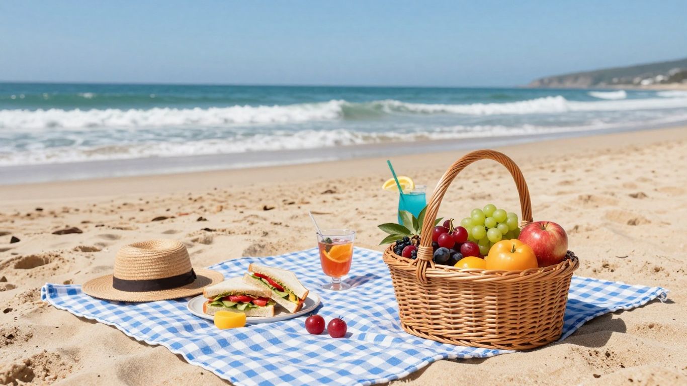 Beach day food box packed with snacks and drinks.