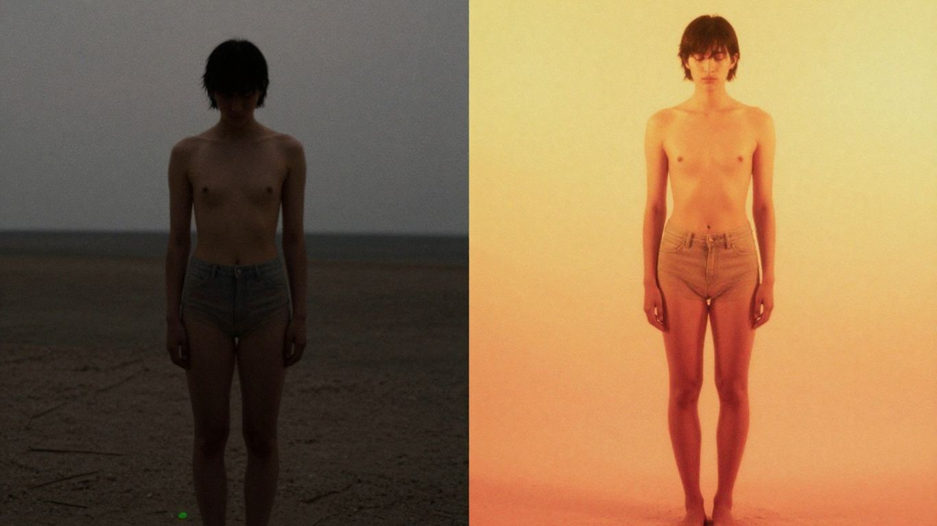 Person transforming from less vibrant to radiant.