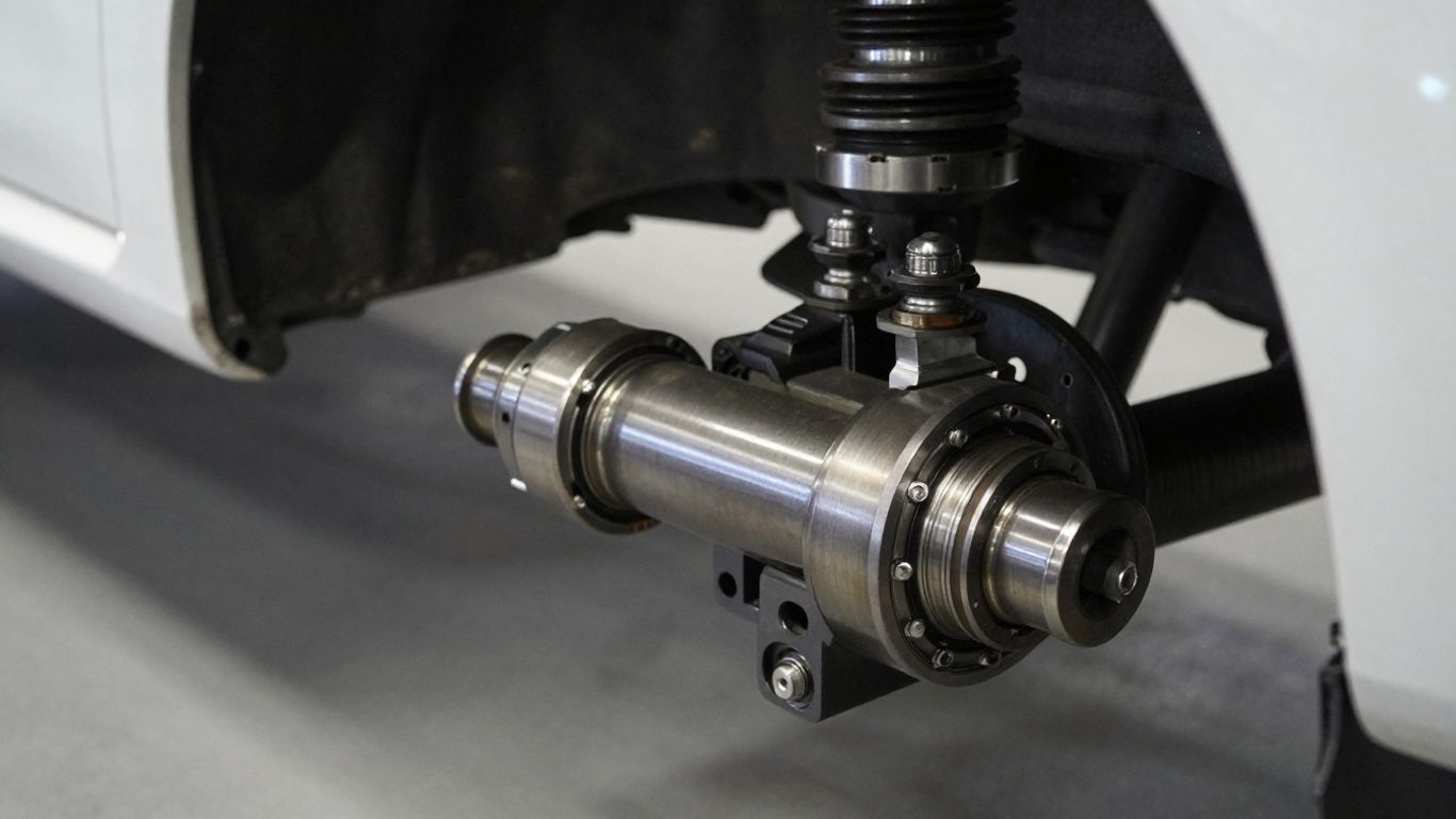Close-up of a vehicle drivetrain and tire assembly