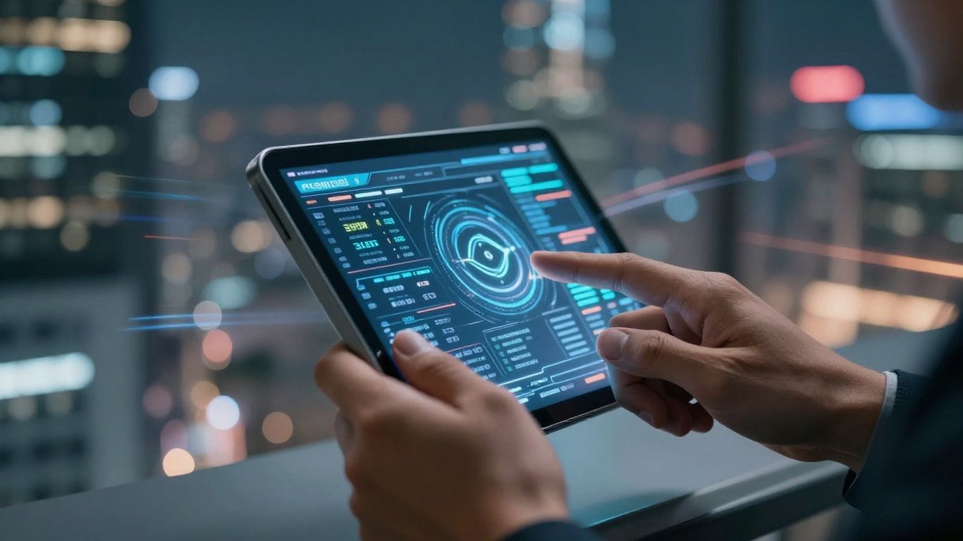 Hands on futuristic trading terminal with blurred cityscape background.