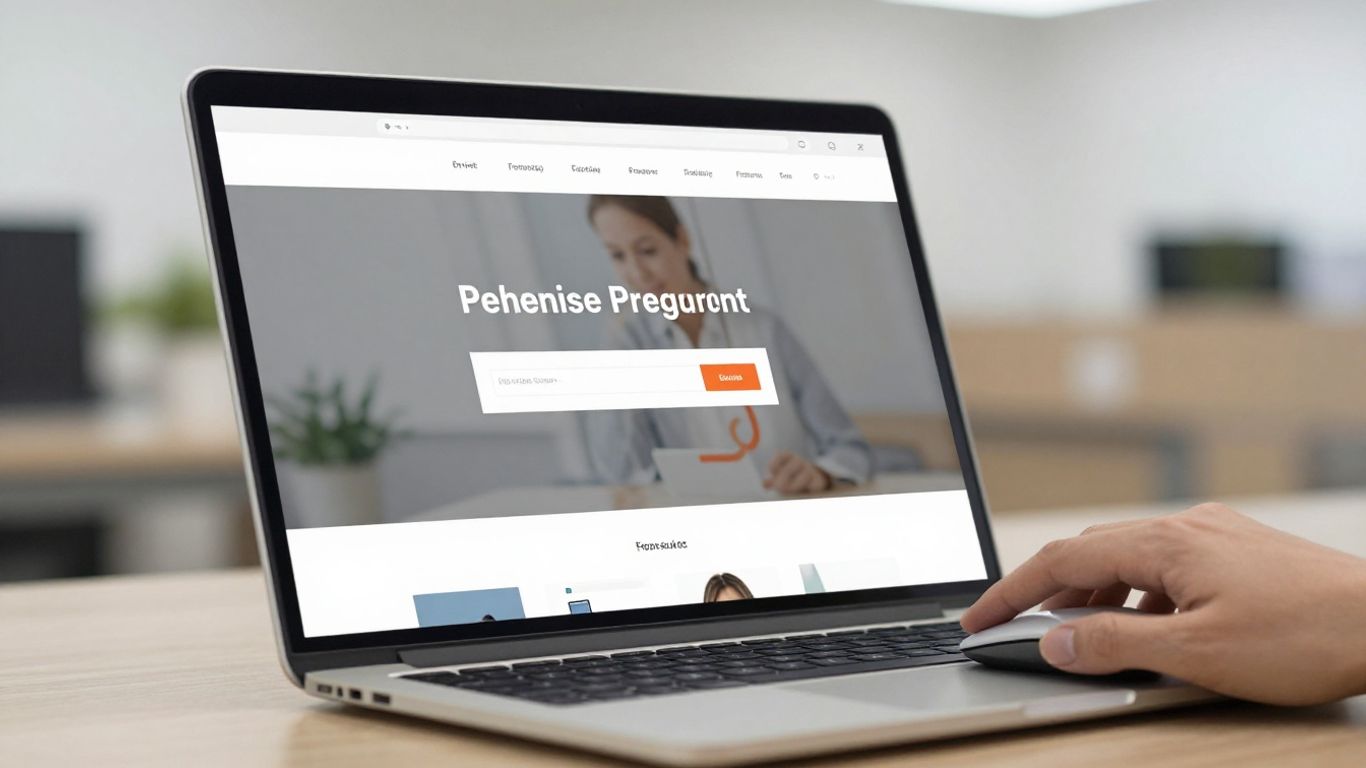 Website design on laptop screen with hand hovering over mouse.