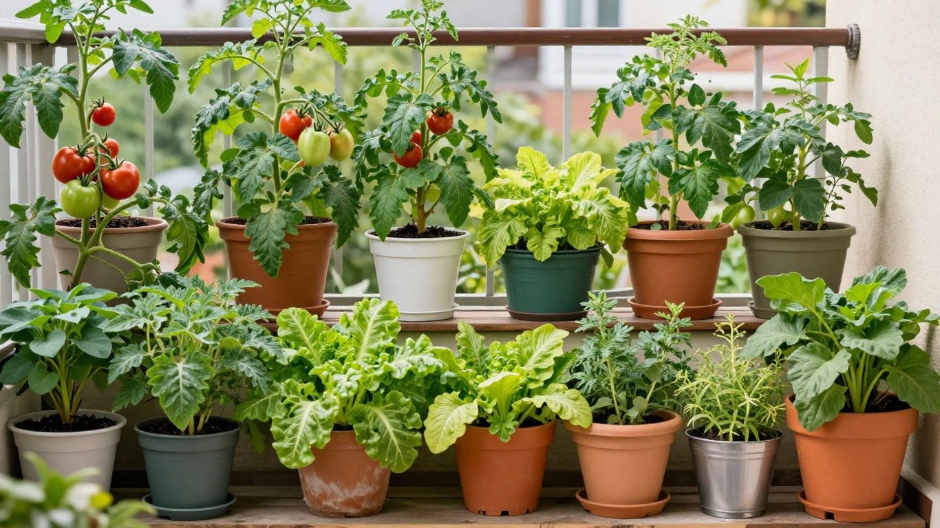 Gemüse wächst auf einem kleinen Balkon in der Sonne.