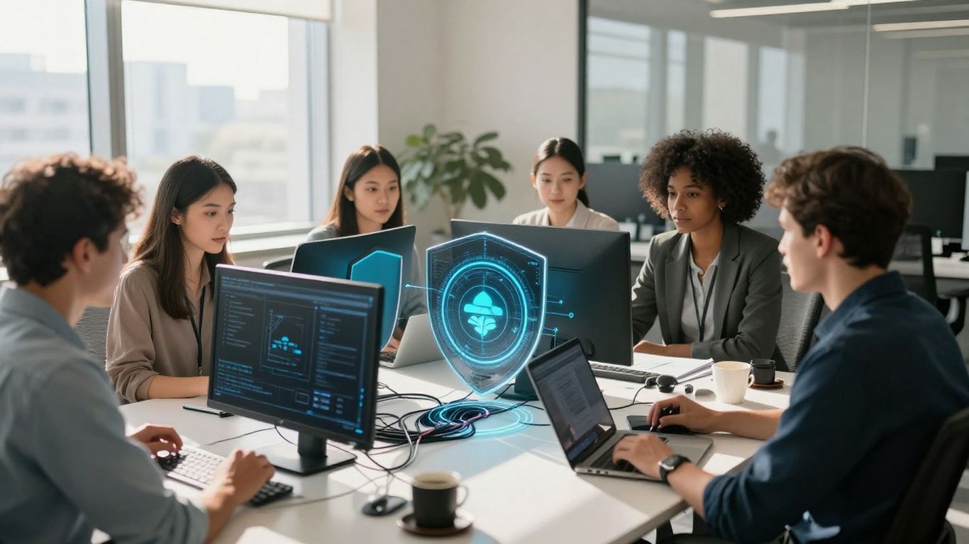 Business team protected by digital security shields.