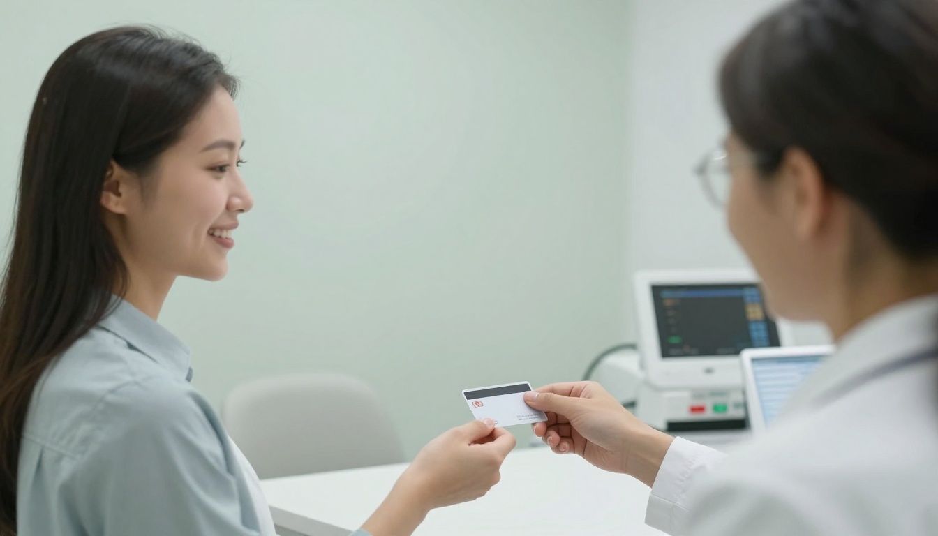 A patient smiling while handing a payment card to a friendly receptionist at a dental clinic.