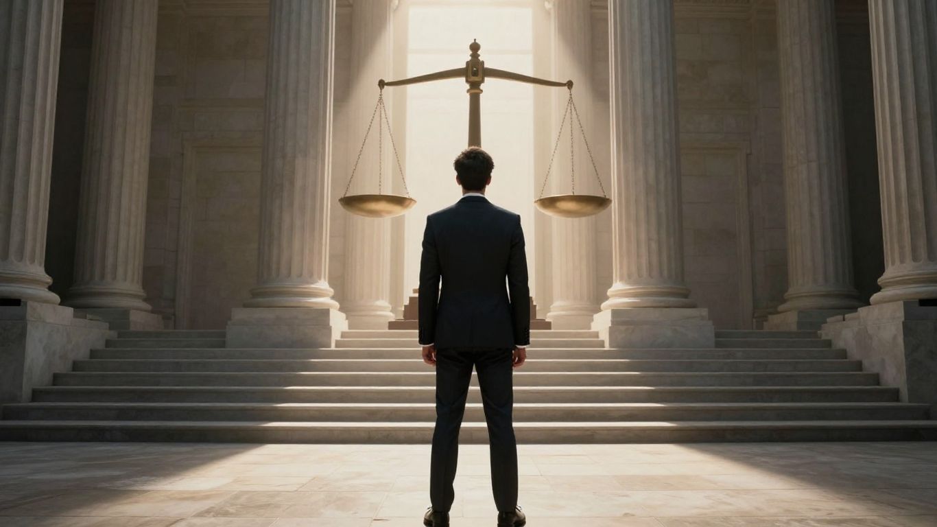 Courthouse with scales of justice, legal defense