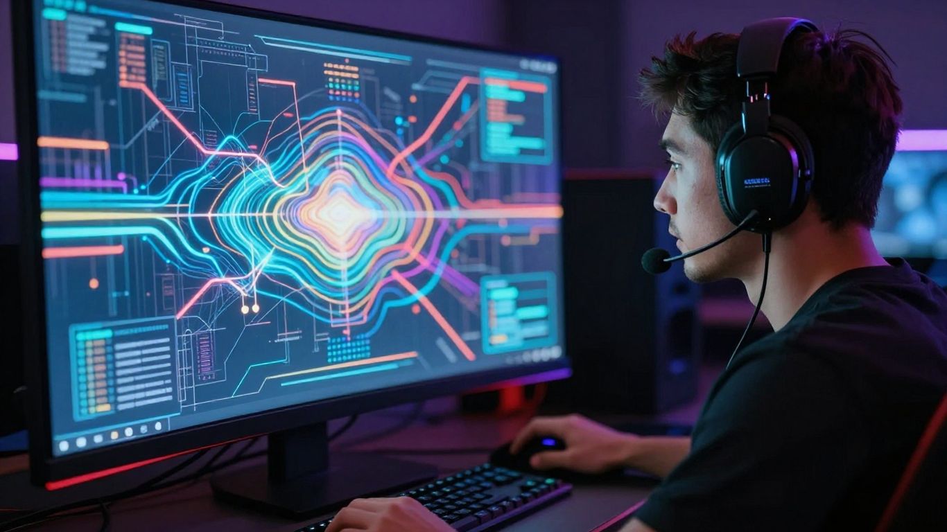 Gamer looking at a screen with financial data.