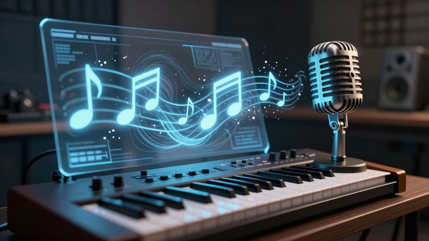 AI music creation interface with glowing notes and synthesizer.