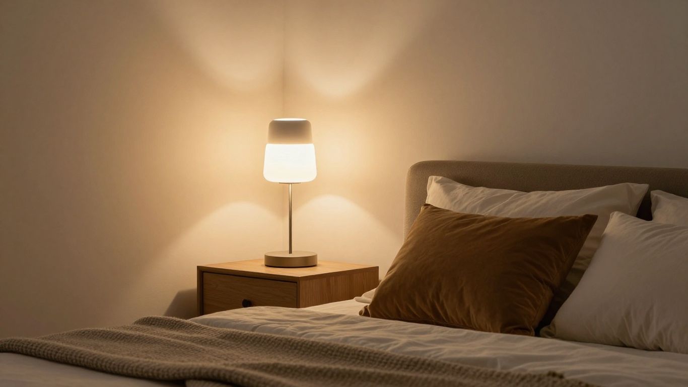 Bedroom with stylish plug-in wall light.