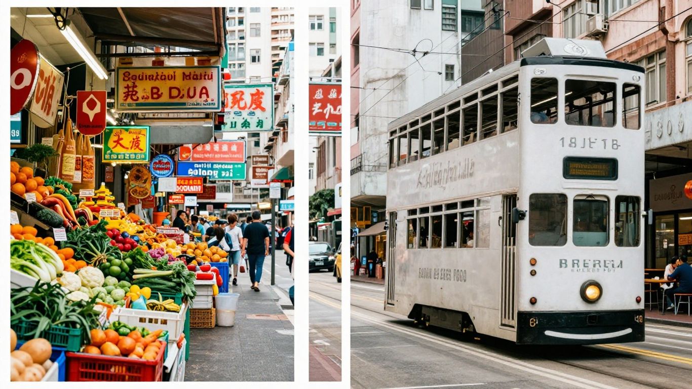 Melbourne and Hong Kong cityscapes with groceries and utilities.