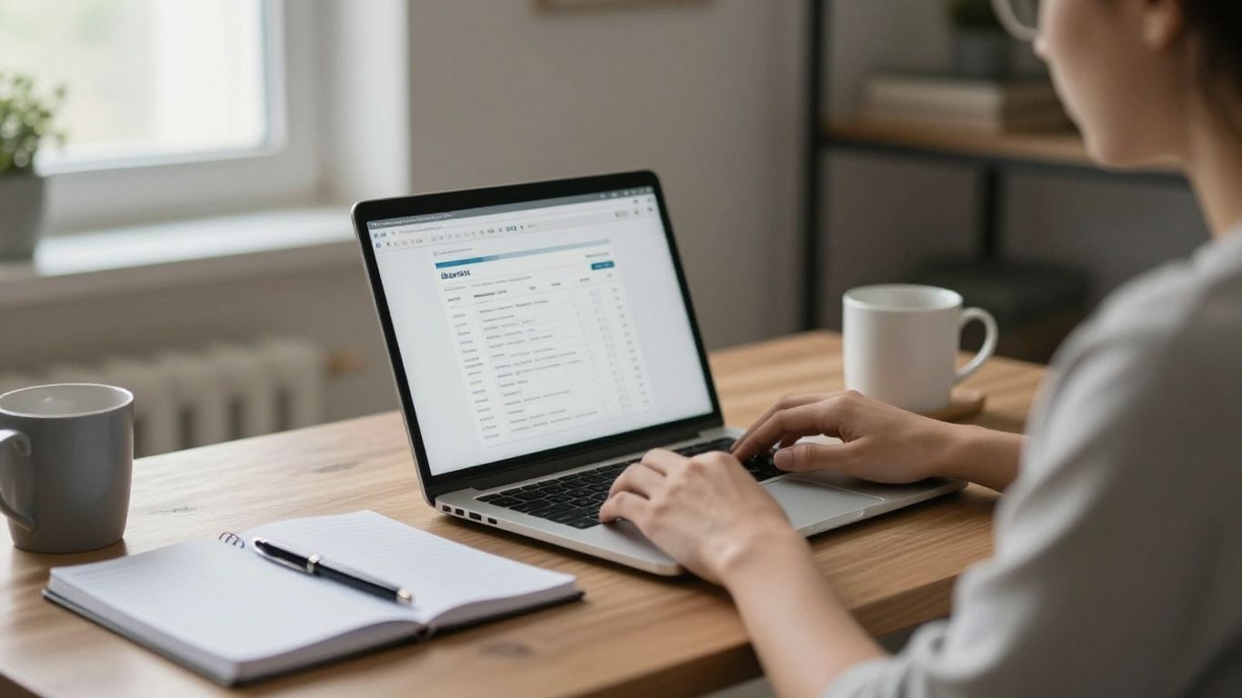 Online banking on a laptop beside a notebook