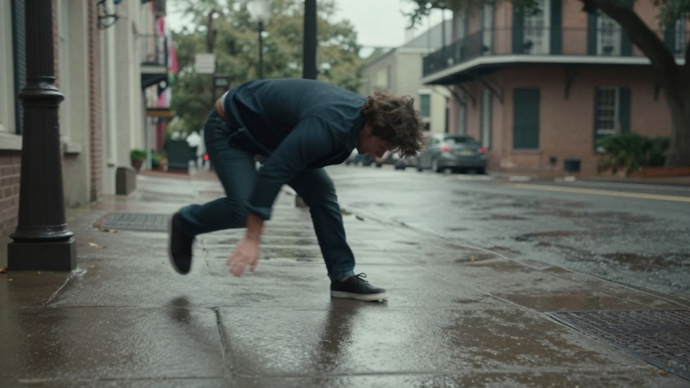 Person falling on a wet Savannah sidewalk.