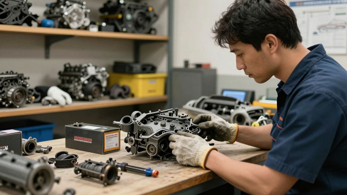 Mechanic preparing used auto parts for delivery