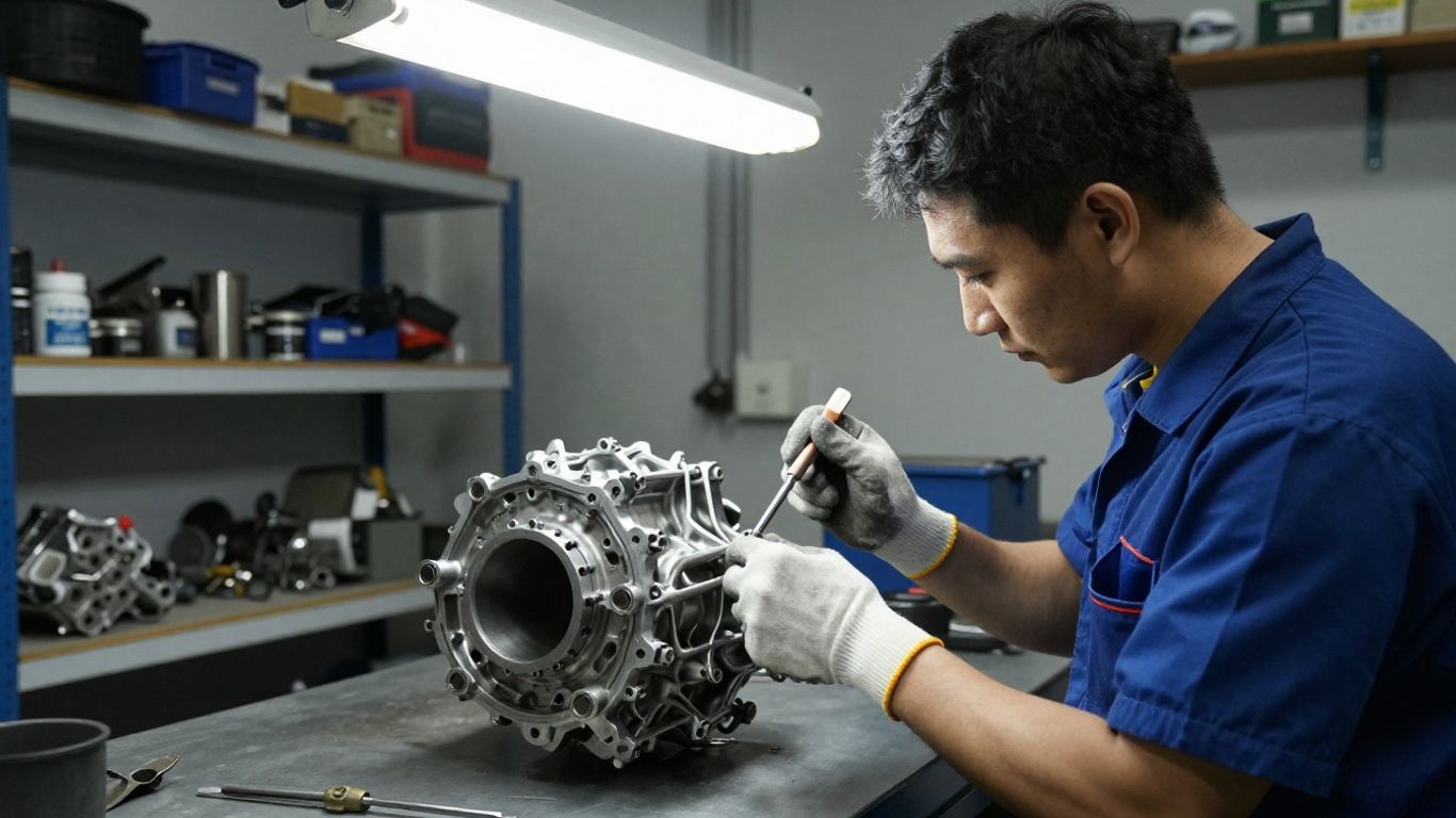 Technician inspecting transmission components carefully
