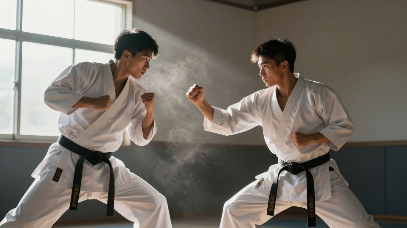 Practicanți de karate în mișcare într-o sală de antrenament.