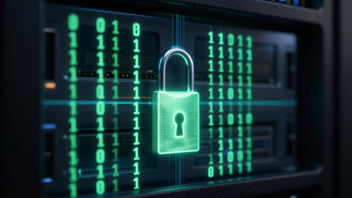 Digital padlock securing server rack with binary code.