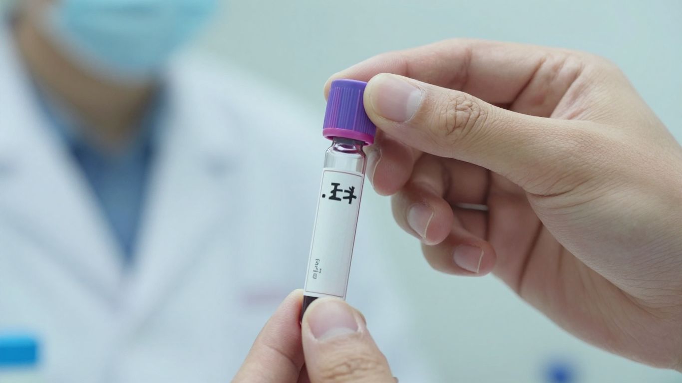 Pessoa segurando um tubo de exame de sangue em laboratório.