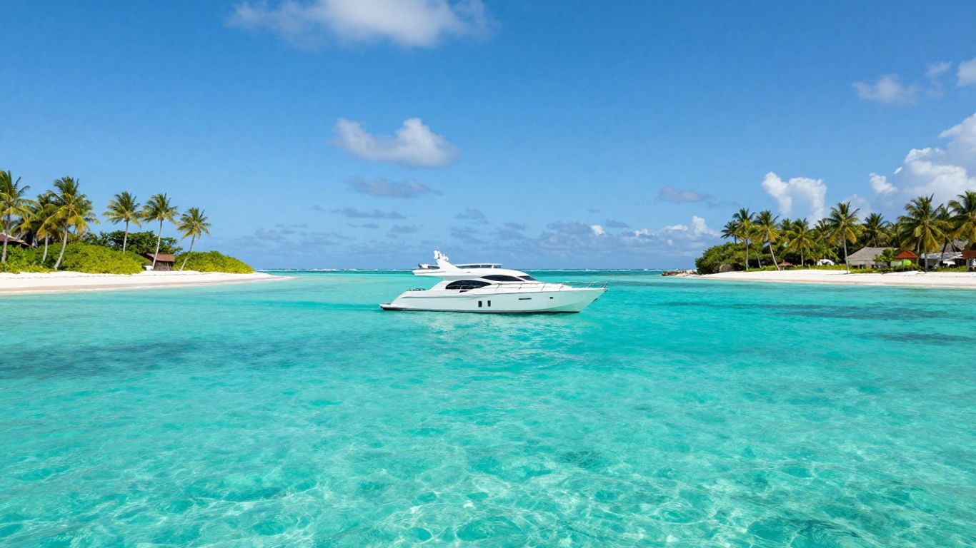 Luxury yacht sailing in clear turquoise Bahamian waters.