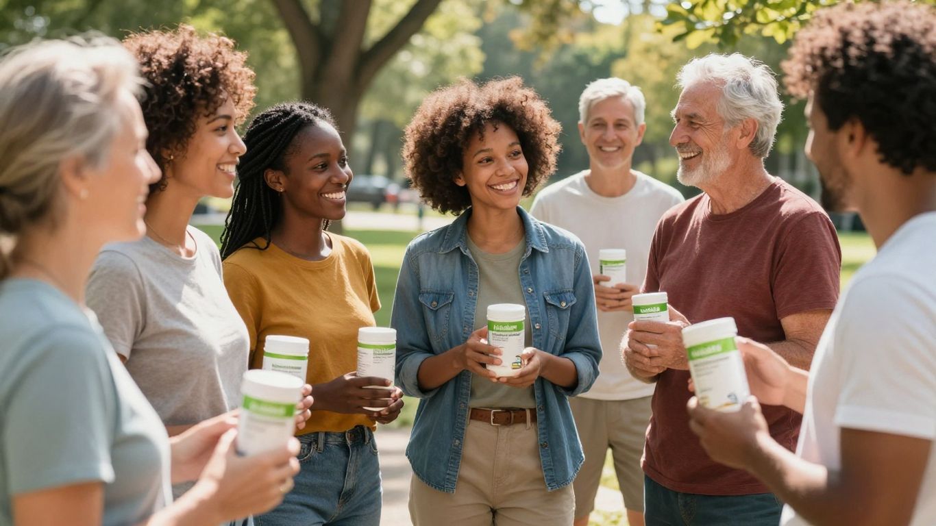 Diverse group of people smiling and holding Herbalife products outdoors.