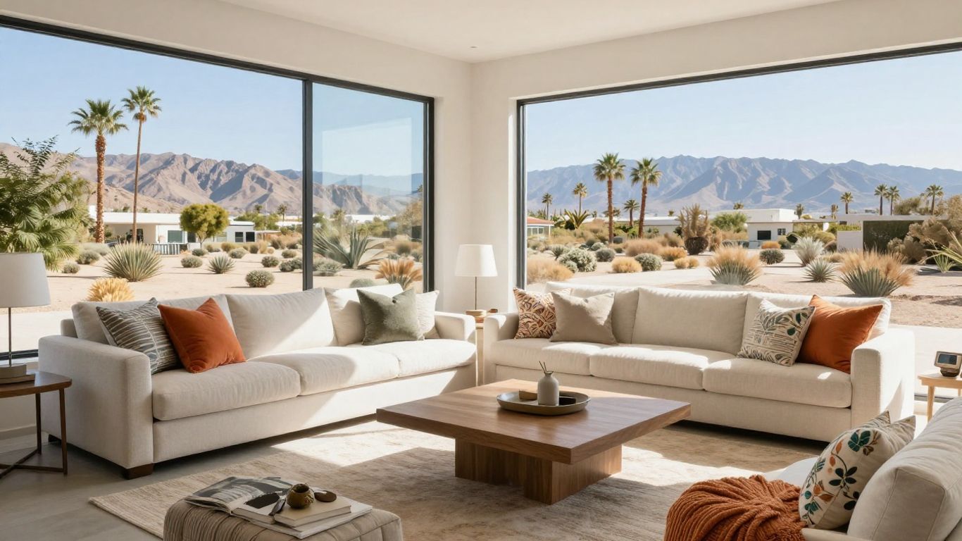 Modern Palm Springs Airbnb living room with desert view.