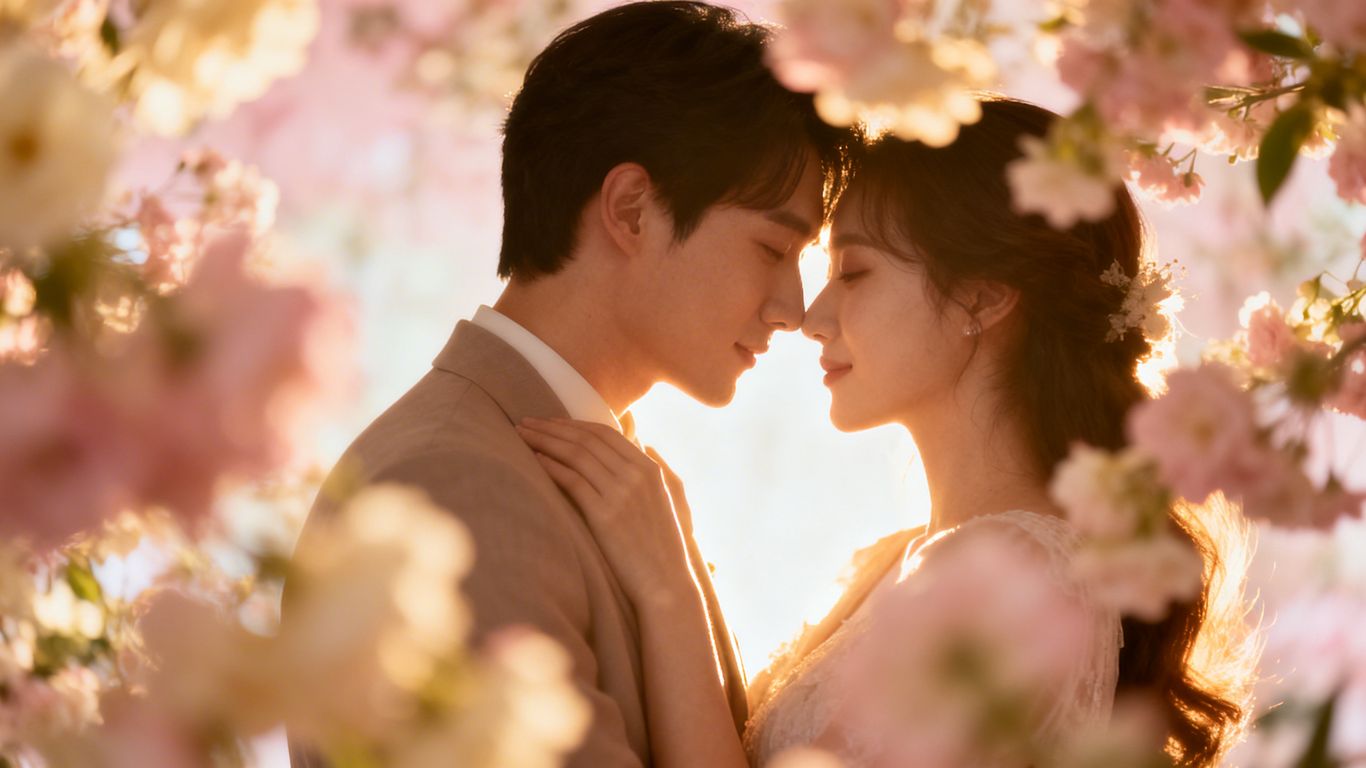 Couple in a romantic embrace, bathed in golden light.