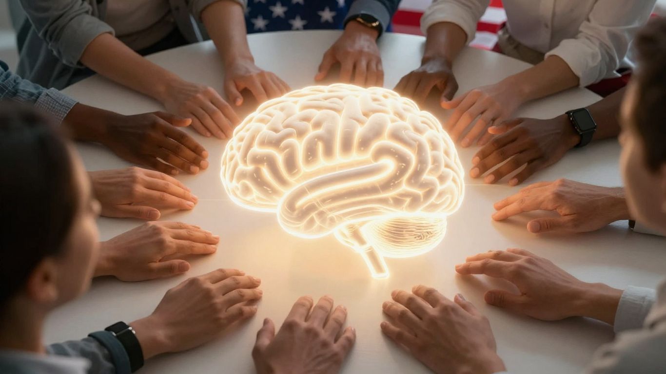 People around glowing AI brain with American flag